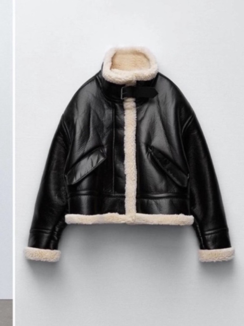 ZARA Black Faux Leather Cream Fleece Lined Sz Small Blogger Favorite - Picture 2 of 10